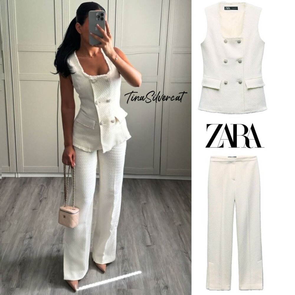 Zara White Tweed Vest & Pants Suit Set XS NWT 2-Piece Co-Ord